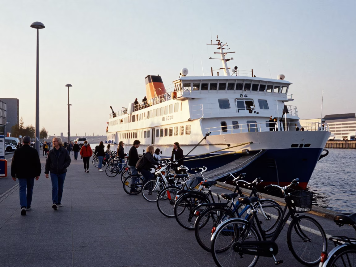 Early Morning Dublin Ferry Dock with Bicycles and Pedestrians at Dawn in in Dublin, Ireland