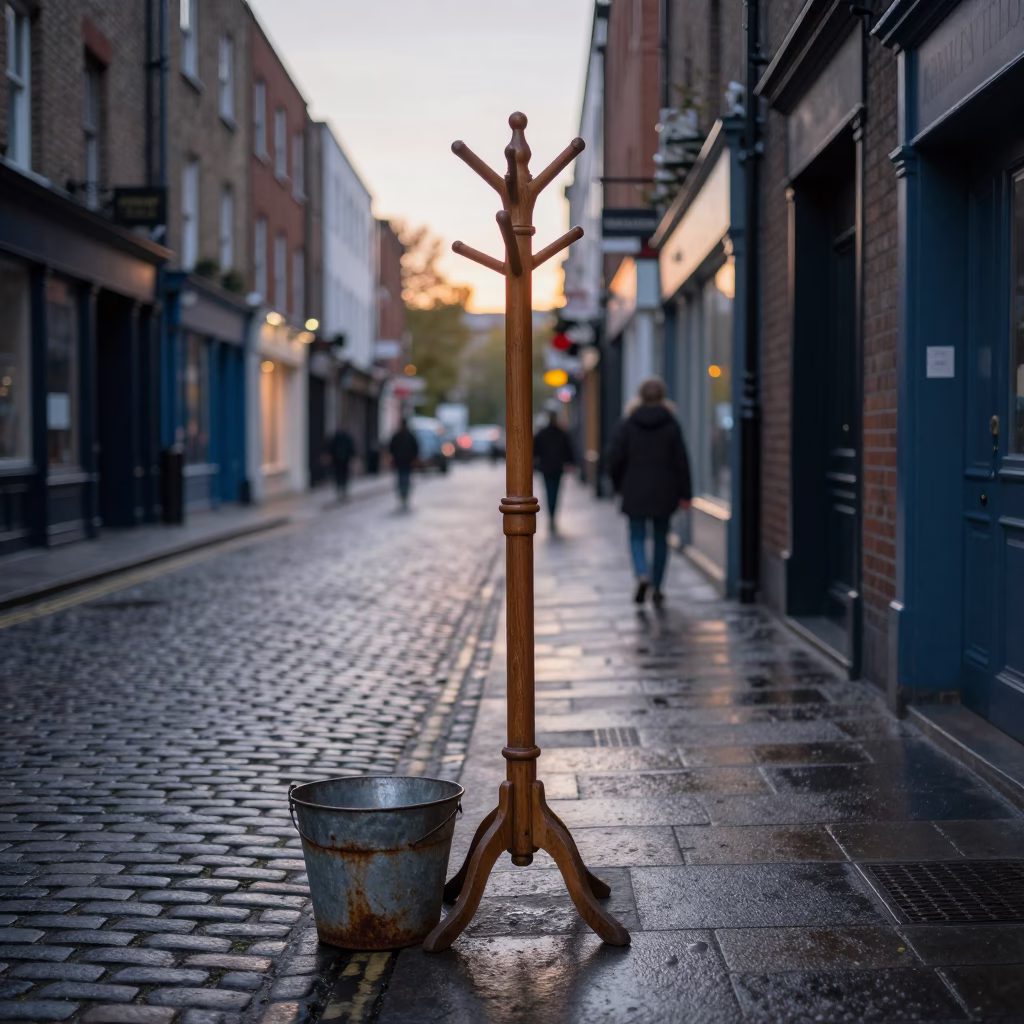 Early Morning Dublin Street Scene with Coat Stand and Metal Bucket Before Dawn in in Dublin, Ireland