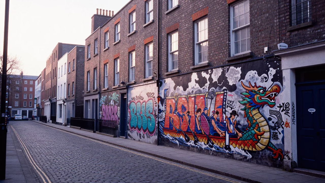 Early Morning Dublin Street Scene with Colorful Graffiti and Traditional Architecture in in Dublin, Ireland