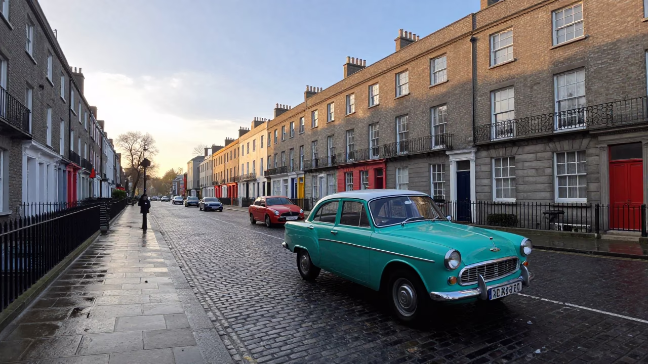 Early Morning Dublin Street Scene with Colorful Vintage Cars and Cobblestone Alleyway in in Dublin, Ireland