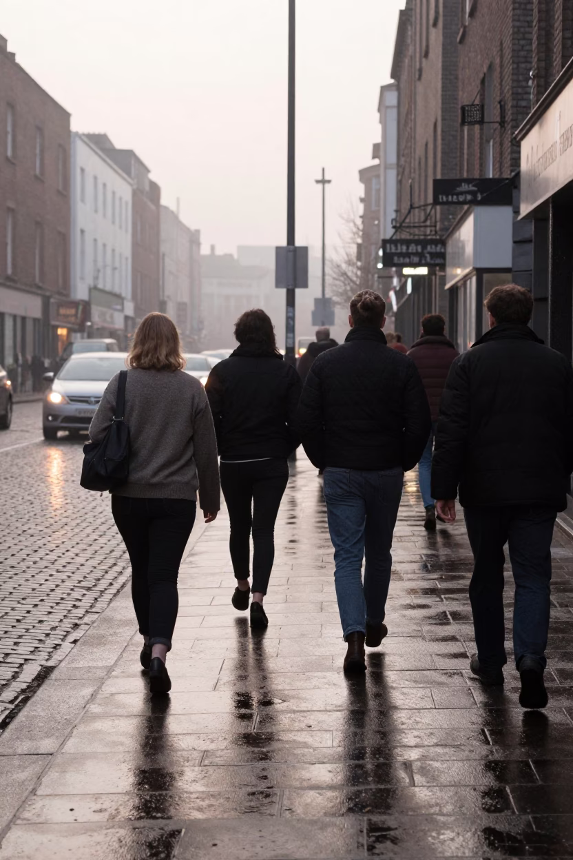 Early Morning Dublin Street Scene with Commuters and Cardigans in in Dublin, Ireland