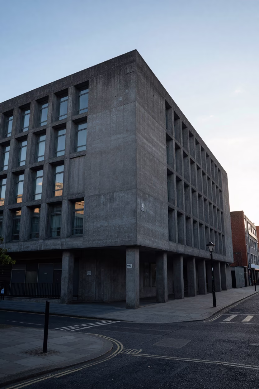 Early Morning Dublin Street Scene with Concrete Brutalist Architecture and Local Market Activity in in Dublin, Ireland