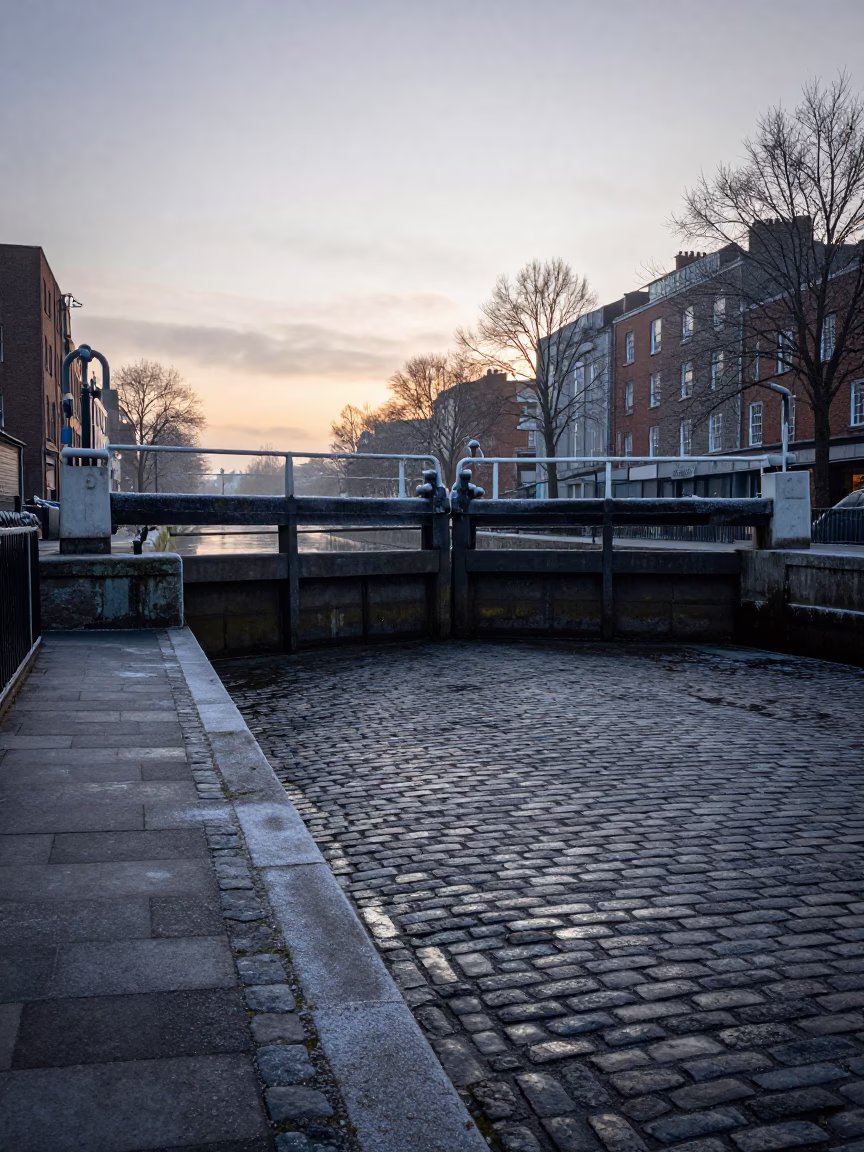 Early morning Dublin street scene with frosty sluice gate wheel and damp urban architecture in in Dublin, Ireland