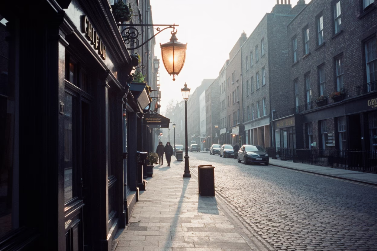 Early Morning Dublin Street Scene with Lanterns and Urban Life in in Dublin, Ireland
