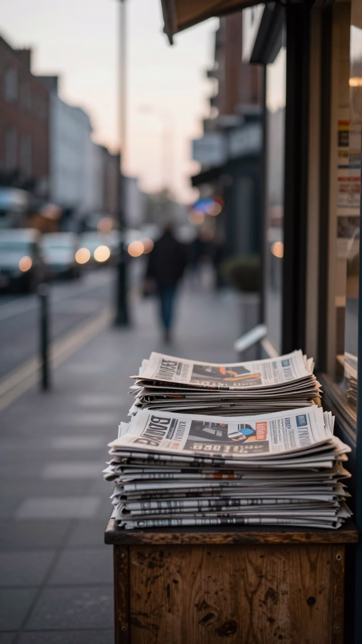 Early Morning Dublin Street Scene with Newspaper Stack and Polished Brass Handle in in Dublin, Ireland