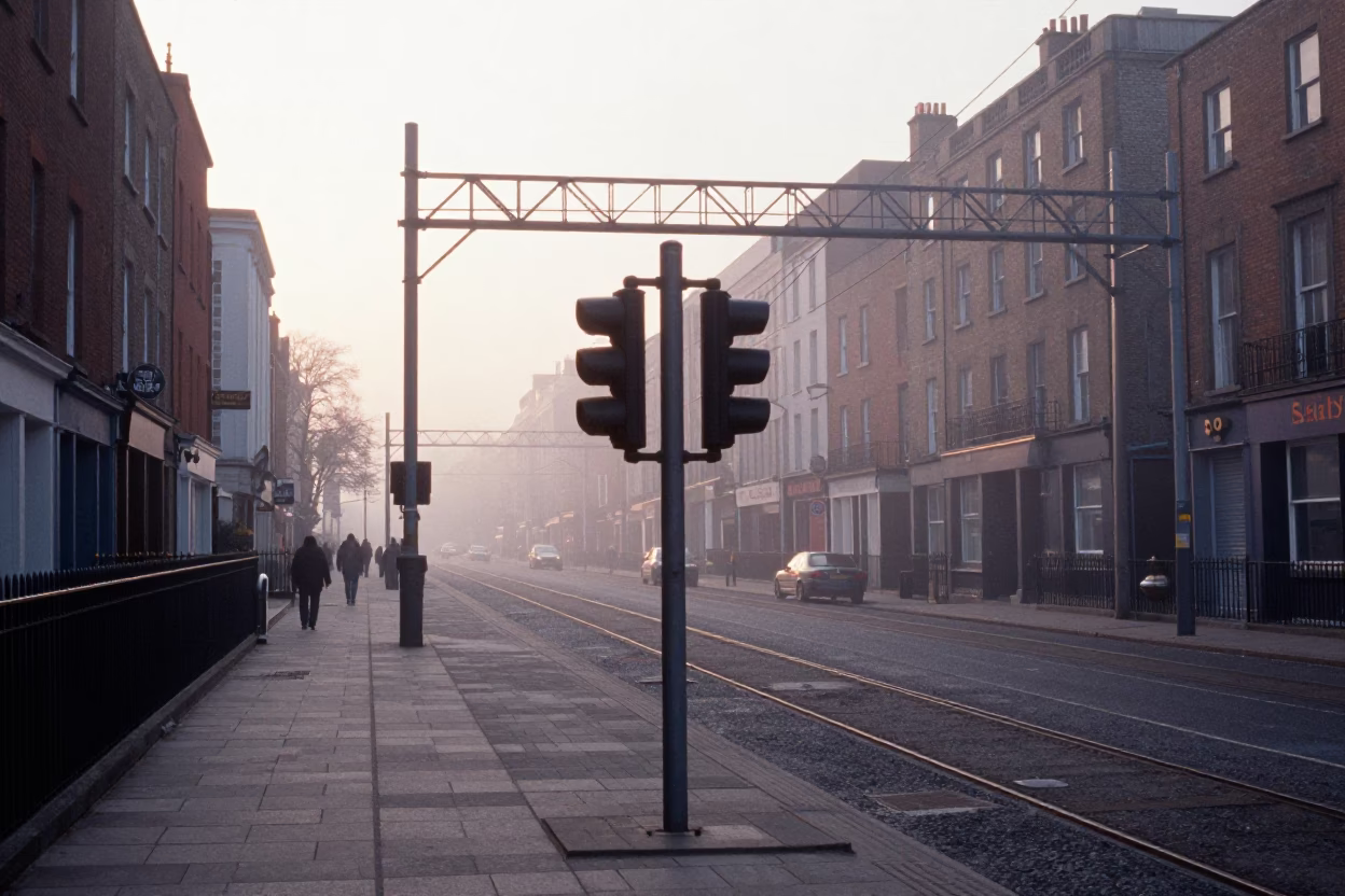 Early Morning Dublin Street Scene with Signal Gantry and Misty Rail Lines in in Dublin, Ireland