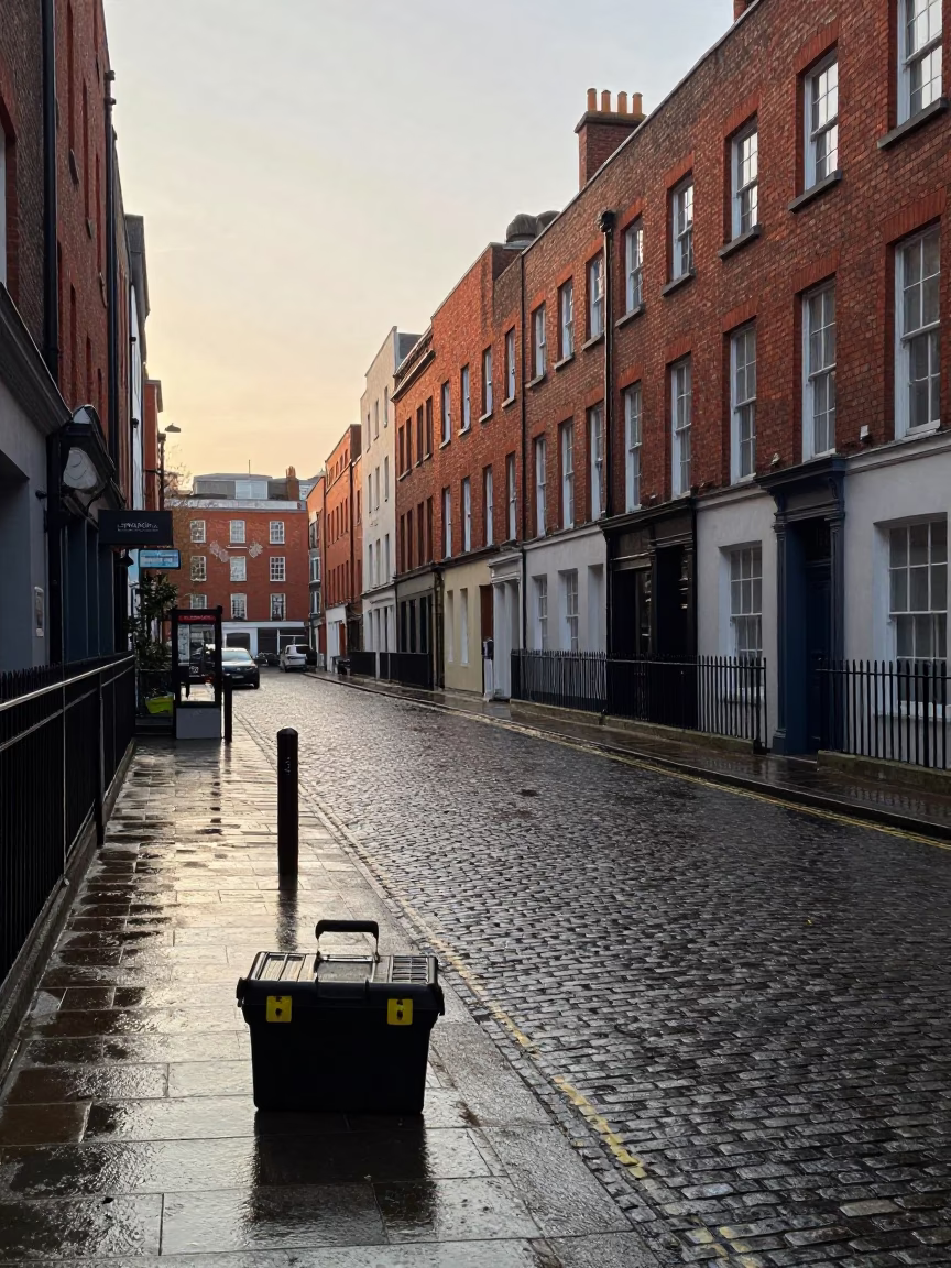 Early Morning Dublin Street Scene with Toolbox and Wet Grass Reflections in in Dublin, Ireland