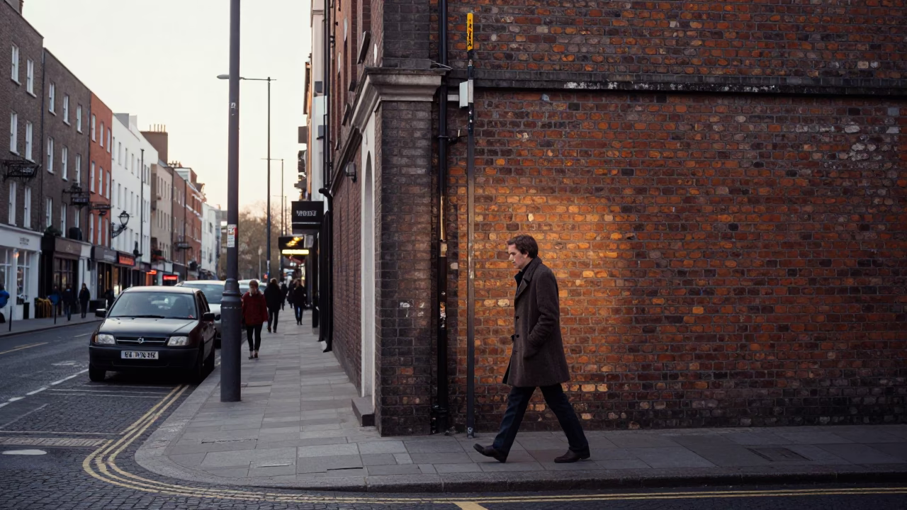 Early Morning Dublin Street Scene with Vintage 1980s Elements and Local Atmosphere in in Dublin, Ireland