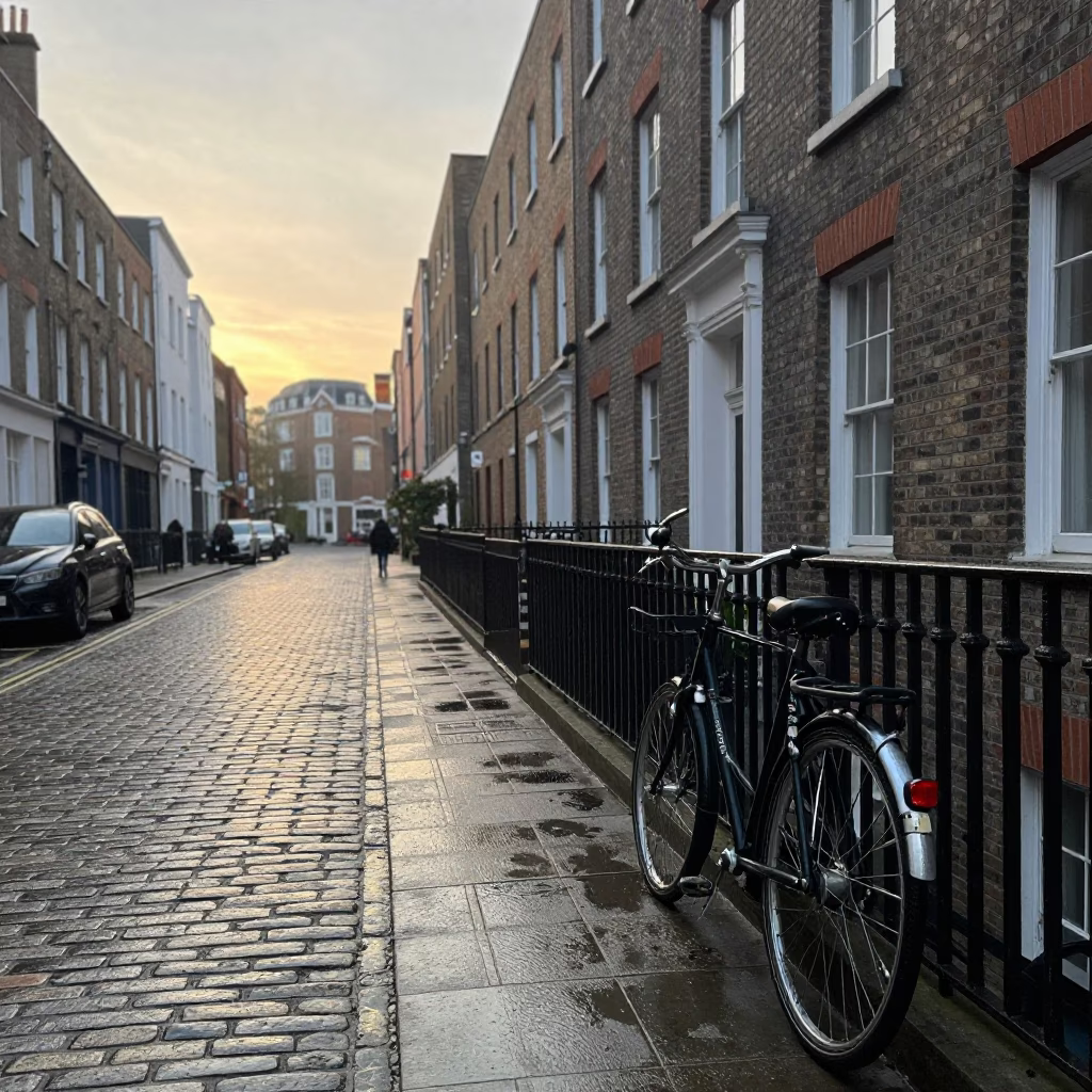 Early Morning Dublin Street Scene with Vintage Bicycle and Cobblestone Alleyway in in Dublin, Ireland