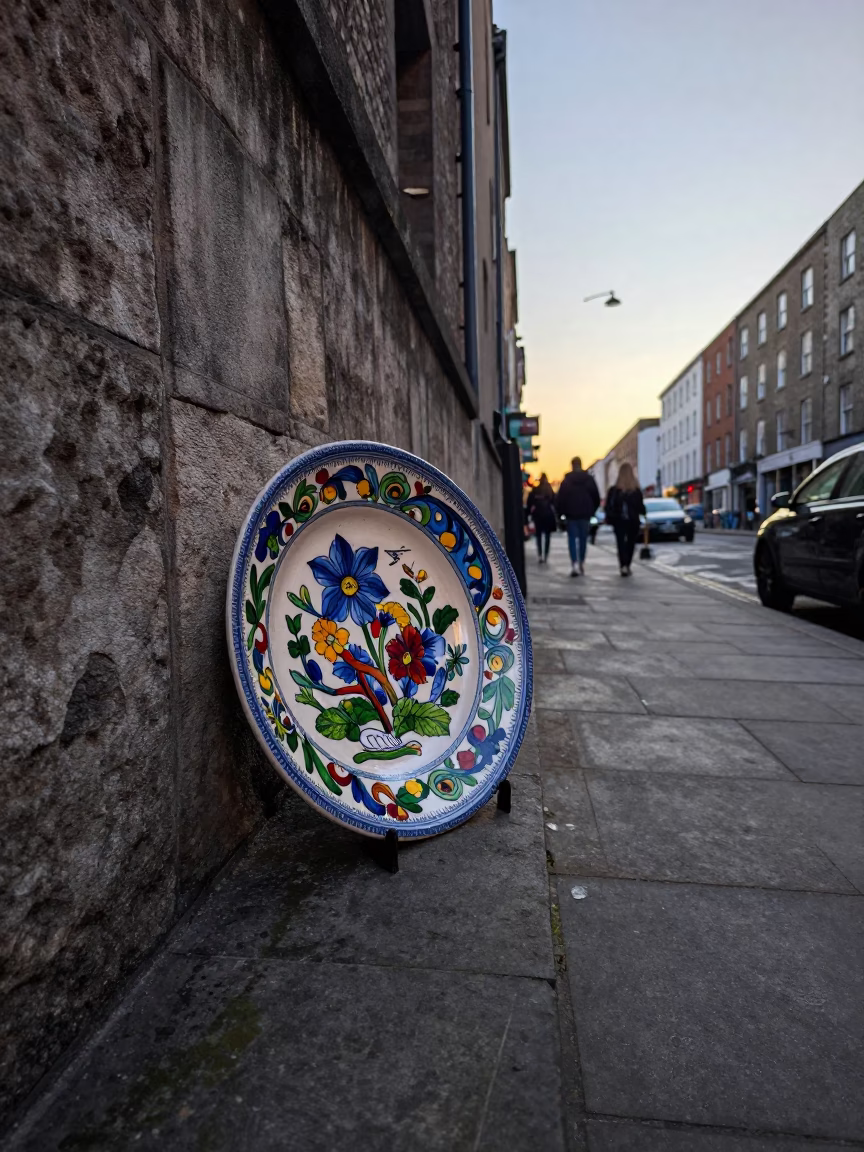 Early Morning Dublin Street Scene with Vintage Majolica Plate and Saucer in in Dublin, Ireland