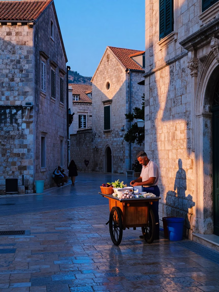 Early Morning Dubrovnik Breakfast Stall with Fresh Garlic and Wooden Board in in Dubrovnik, Croatia