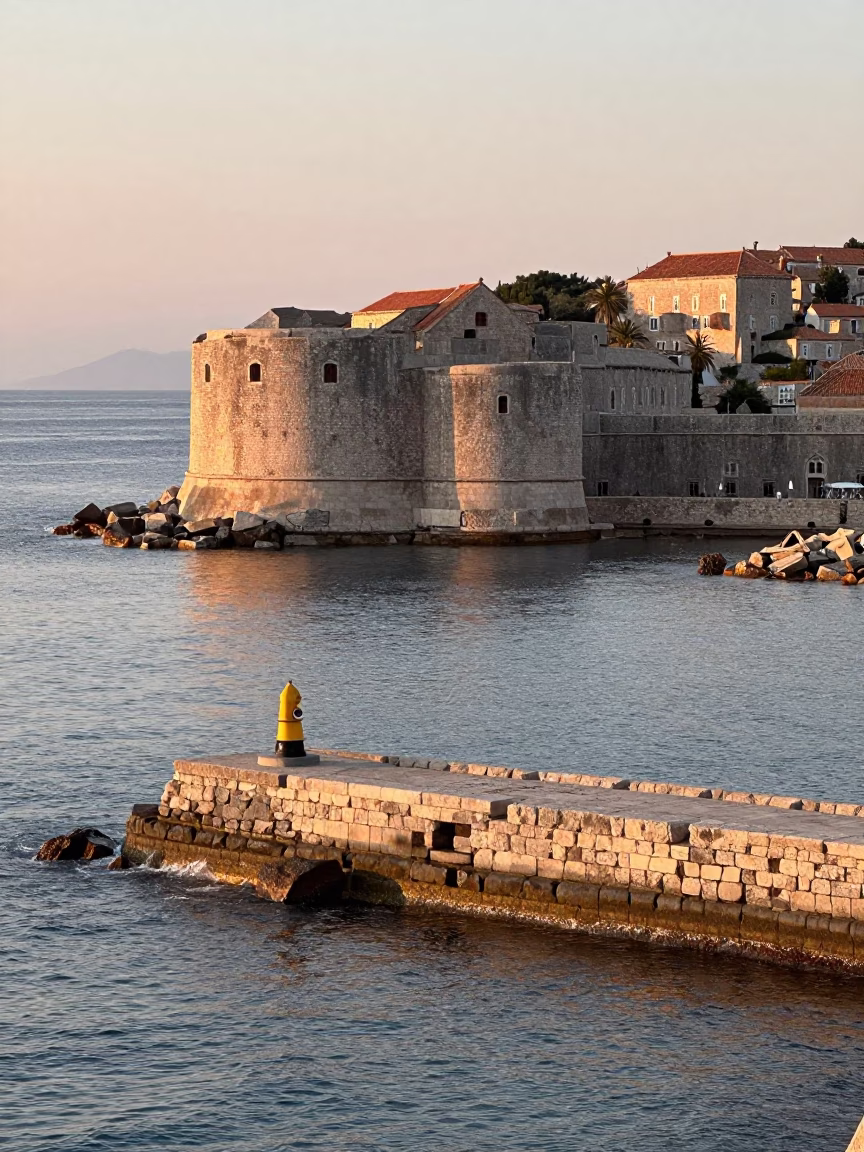 Early Morning Dubrovnik Coastal Breakwater with Warning Beacons and Stone Architecture in in Dubrovnik, Croatia