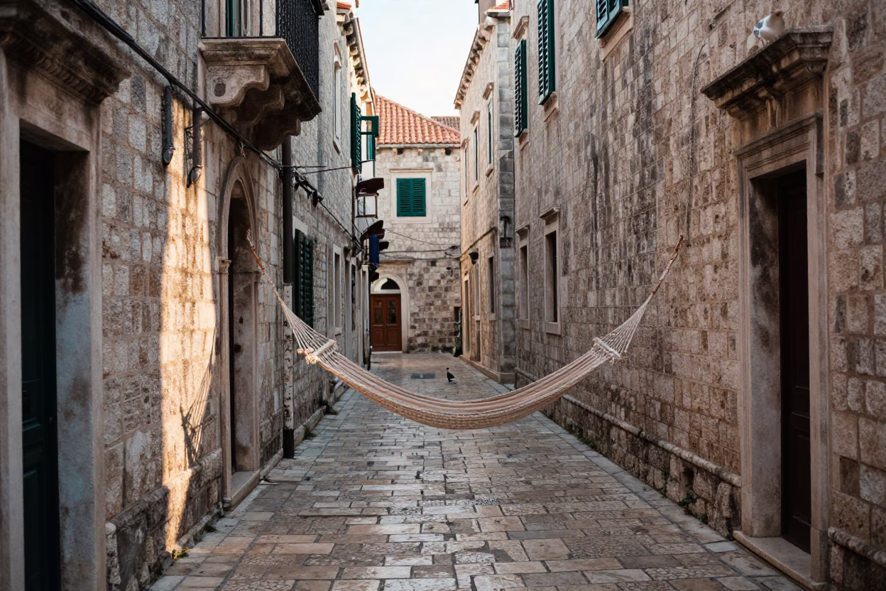 Early Morning Dubrovnik Croatia Stone Alleyway with Hammock and Seagull in in Dubrovnik, Croatia