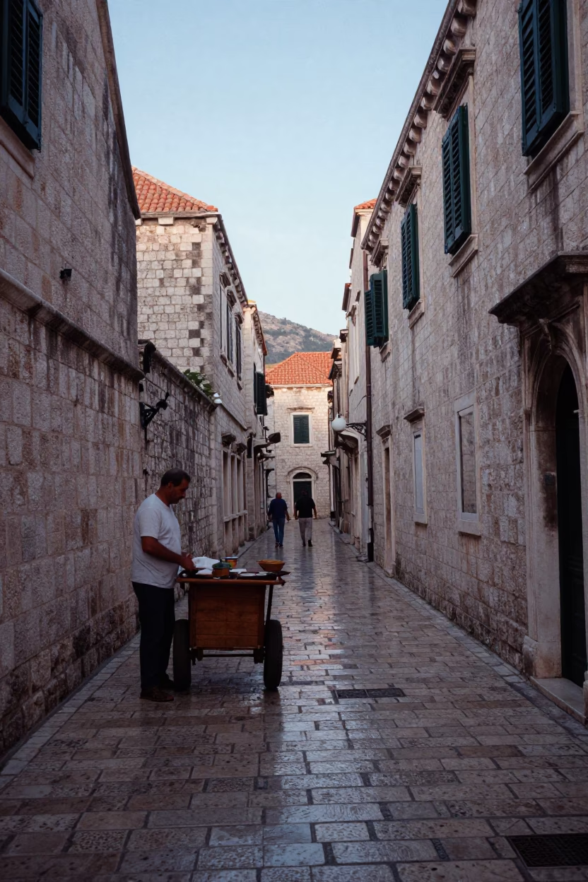 Early Morning Dubrovnik Croatia Stone Street Scene with Local Vendor and Coffee in in Dubrovnik, Croatia