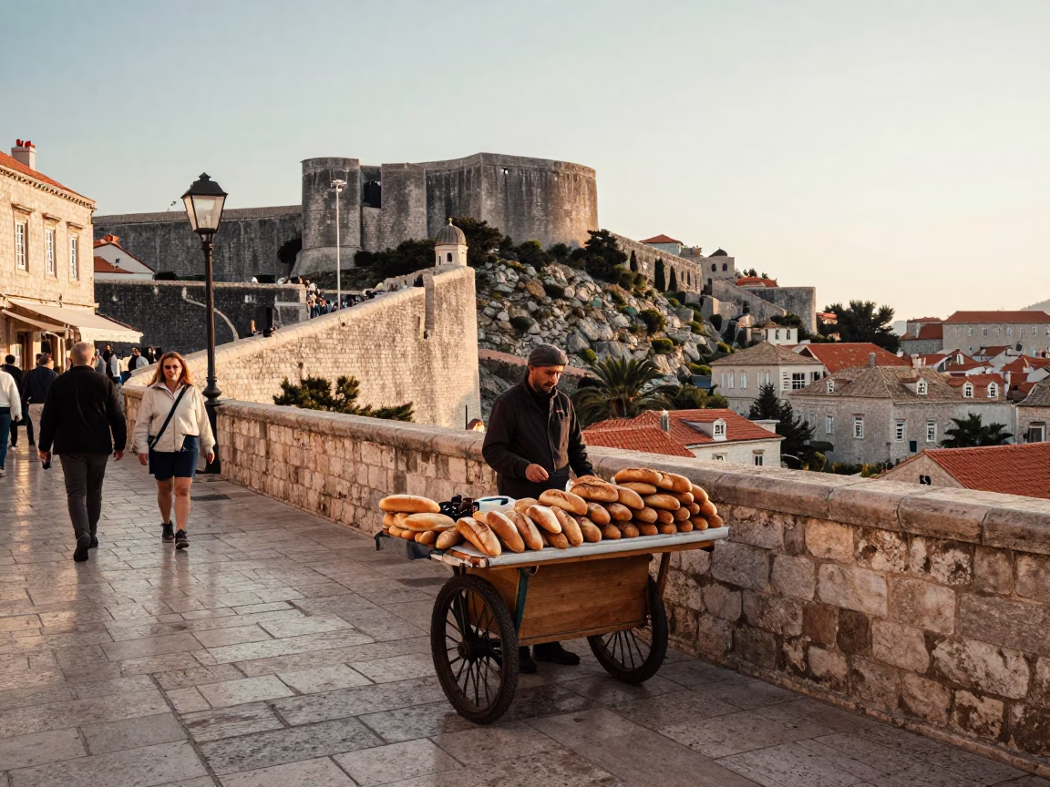 Early Morning Dubrovnik Croatia Street Scene with Local Vendor and Traditional Items in in Dubrovnik, Croatia
