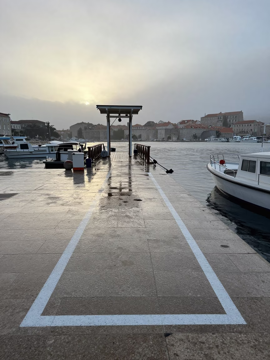 Early Morning Dubrovnik Harbor Scene with Drawbridge Deck Markings and Iron Hook in in Dubrovnik, Croatia