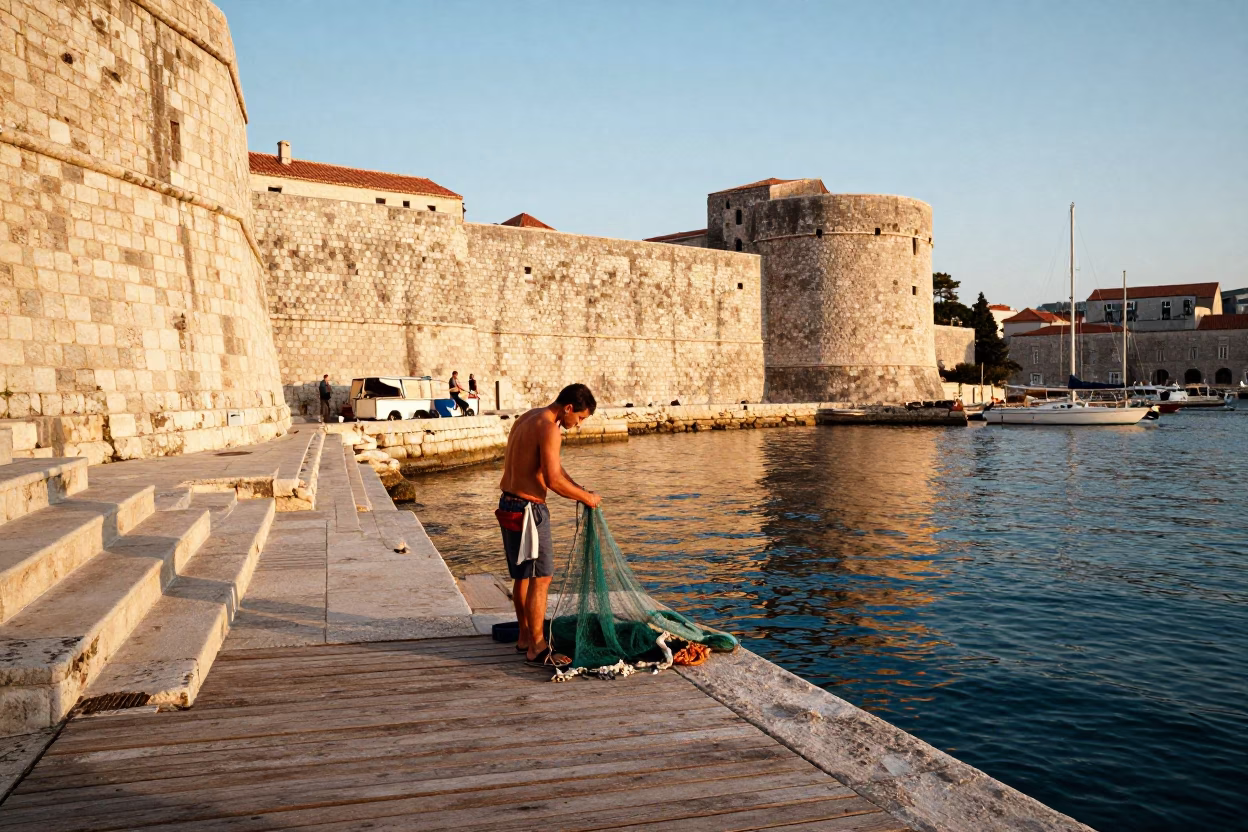 Early Morning Dubrovnik Harbor Scene with Fisherman Mending Nets on the Wharf in in Dubrovnik, Croatia