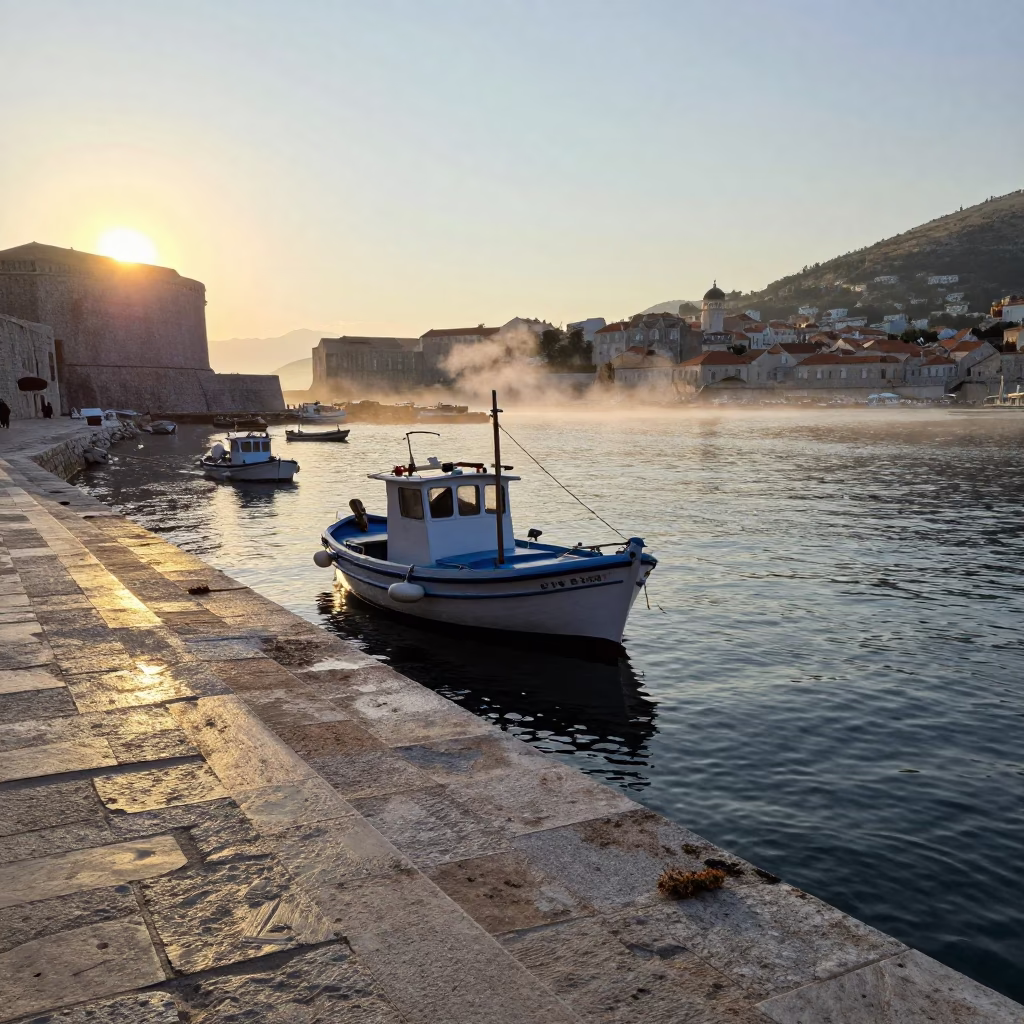 Early Morning Dubrovnik Harbor Scene with Fishing Boat and Brass Latch Detail in in Dubrovnik, Croatia