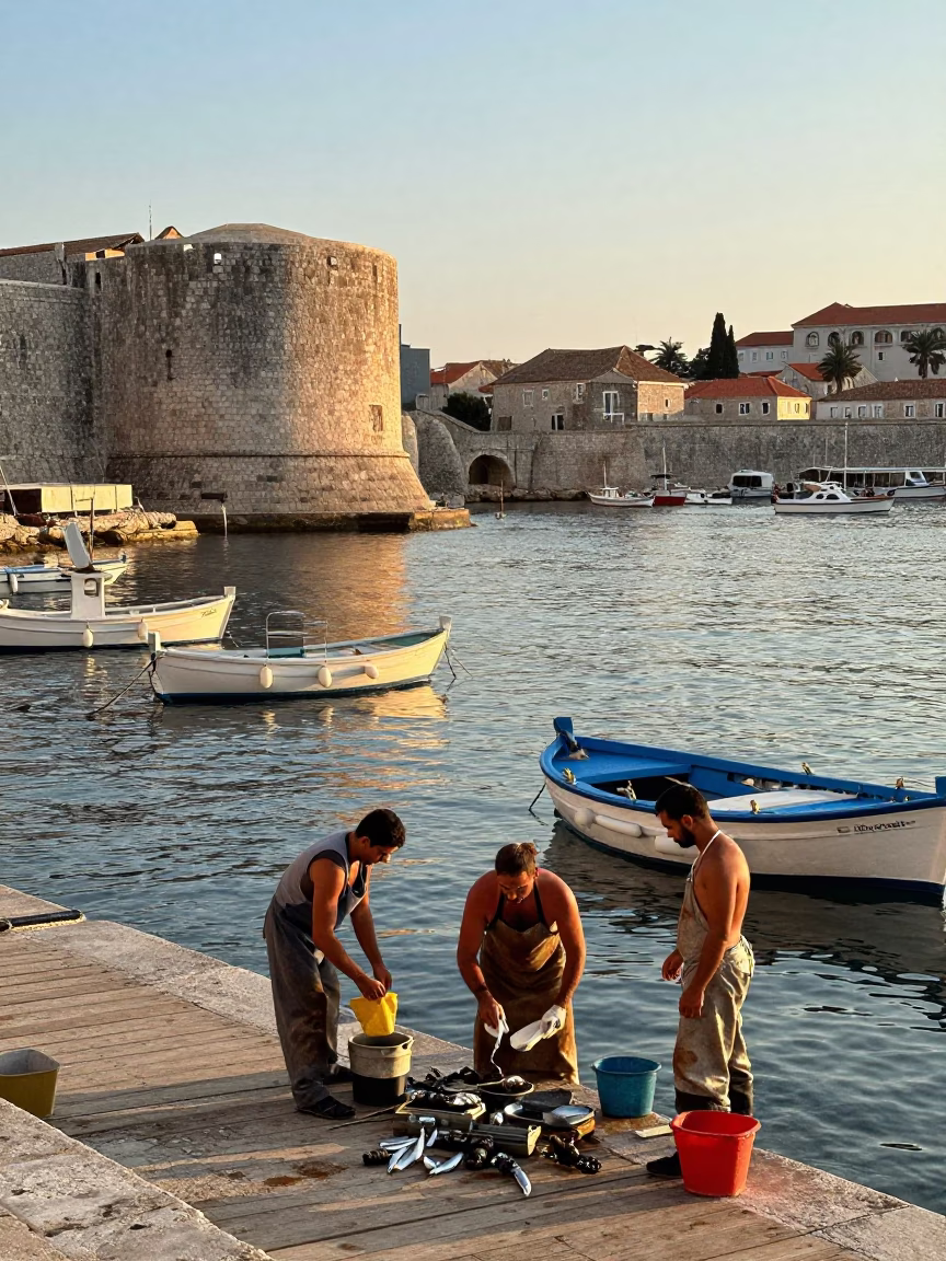 Early Morning Dubrovnik Harbor Scene with Local Fishermen and Traditional Boats in in Dubrovnik, Croatia
