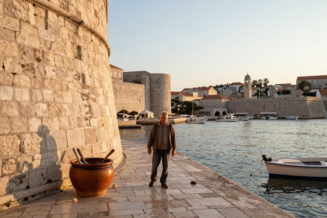 Early Morning Dubrovnik Harbor Scene with Traditional Croatian Utensil Crock and Local Life in in Dubrovnik, Croatia