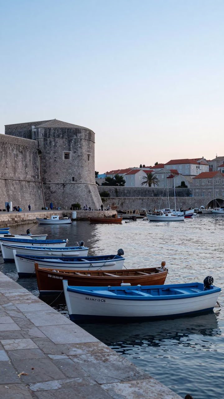 Early Morning Dubrovnik Harbor Scene with Traditional Wooden Fishing Boats and Stone Quayside in in Dubrovnik, Croatia