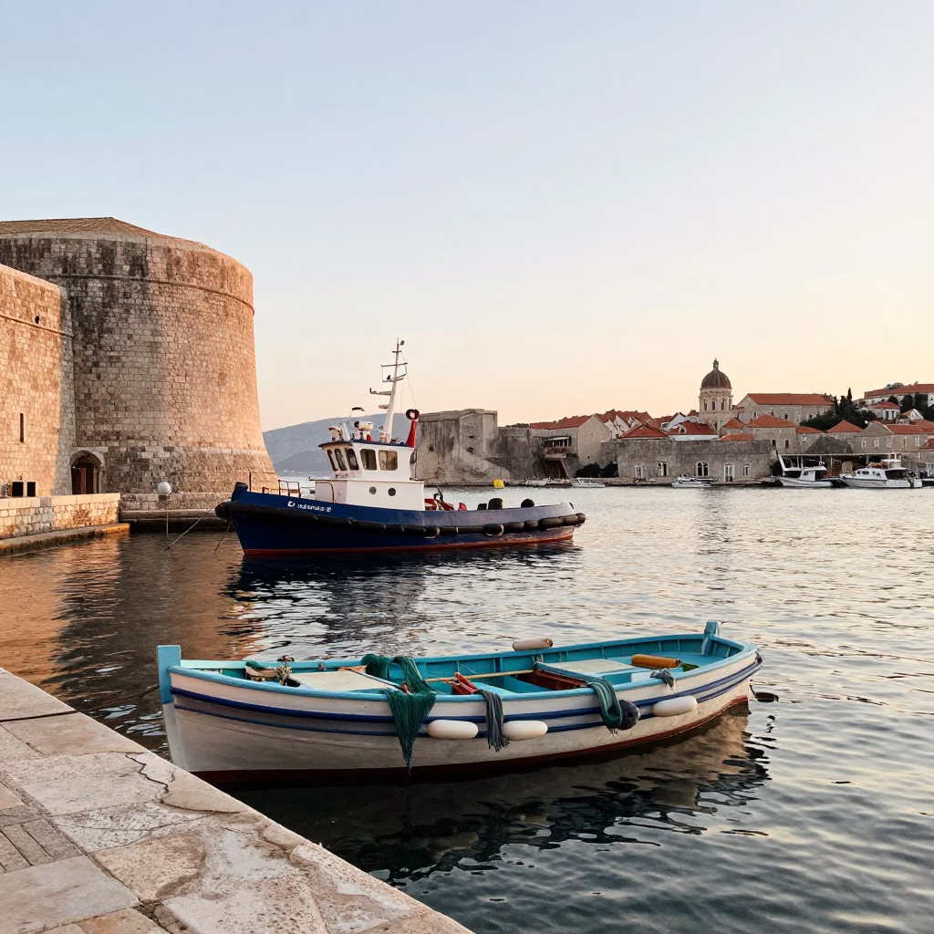Early Morning Dubrovnik Harbor Scene with Tugboat and Fishing Boats at Sunrise in in Dubrovnik, Croatia