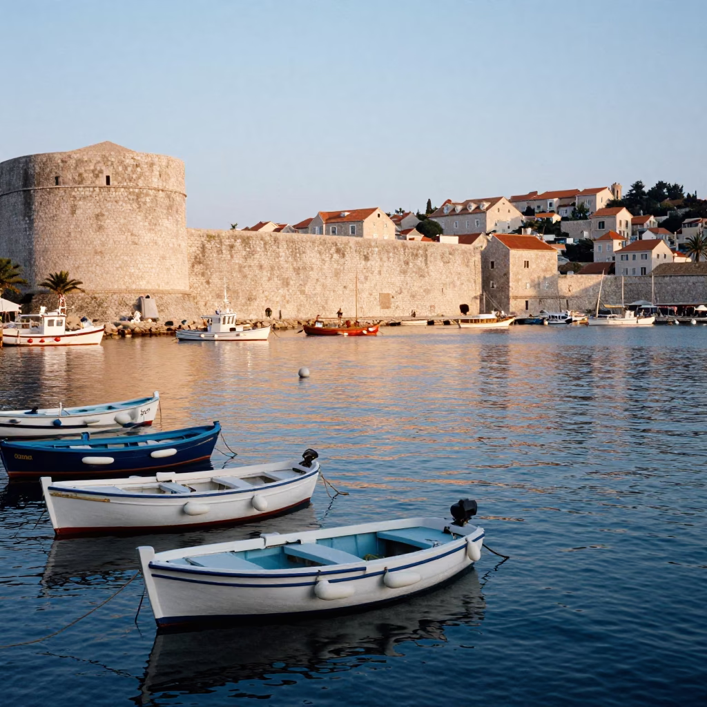 Early Morning Dubrovnik Harbor with Fishing Boats and Local Market Activity in in Dubrovnik, Croatia