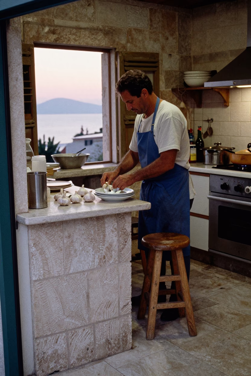 Early Morning Dubrovnik Kitchen with Garlic Bulbs and Dish Rack Before Dawn in in Dubrovnik, Croatia