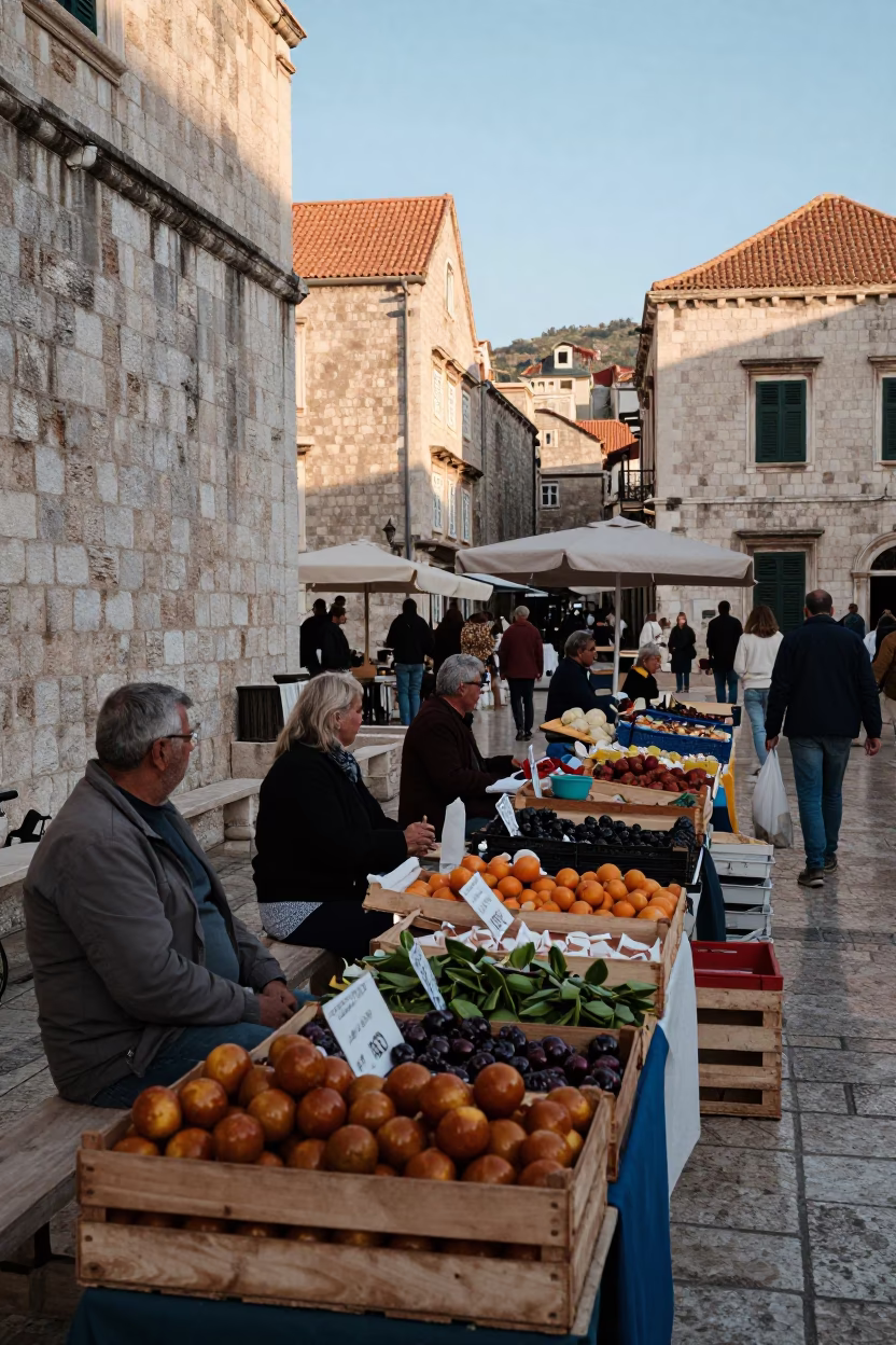Early Morning Dubrovnik Market Scene with Local Vendors Selling Fresh Eggplants in in Dubrovnik, Croatia