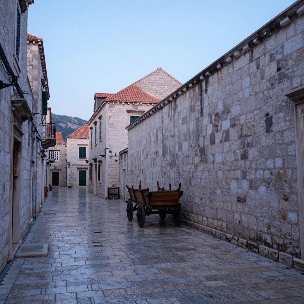 Early Morning Dubrovnik Old Town Stone Alleyway with Local Vendor Setup Before Sunrise in in Dubrovnik, Croatia