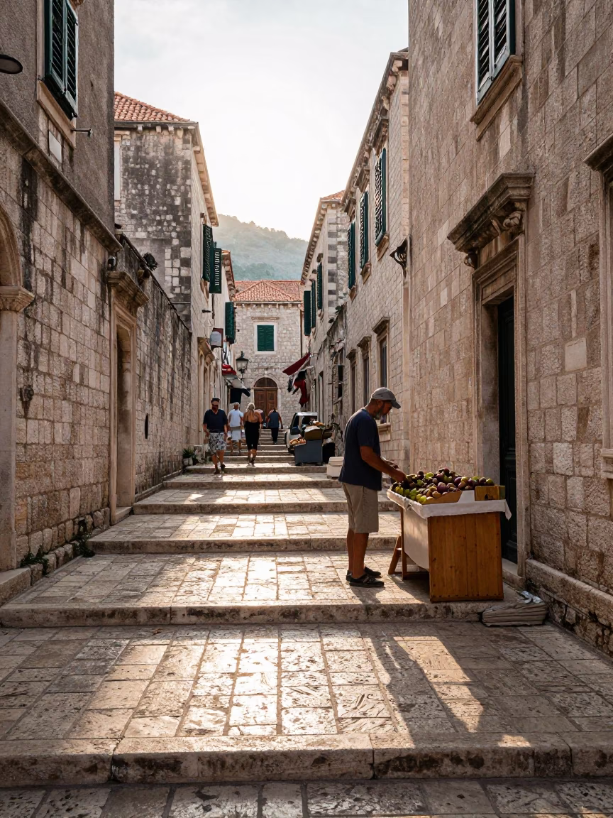 Early Morning Dubrovnik Old Town Stone Steps with Local Vendor and Alarm Clock in in Dubrovnik, Croatia