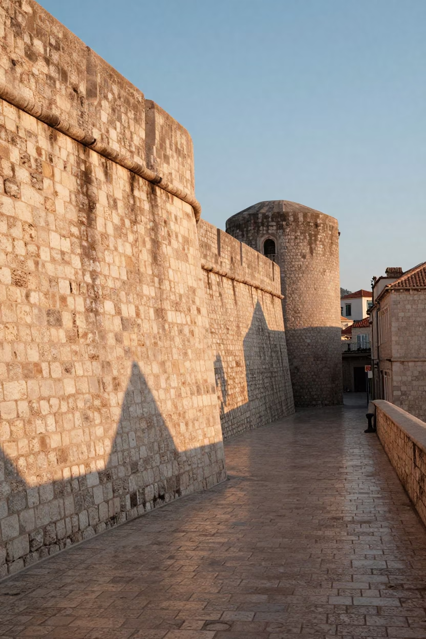 Early Morning Dubrovnik Old Town Sun-Warmed Stone Wall with Tourist Activity in in Dubrovnik, Croatia