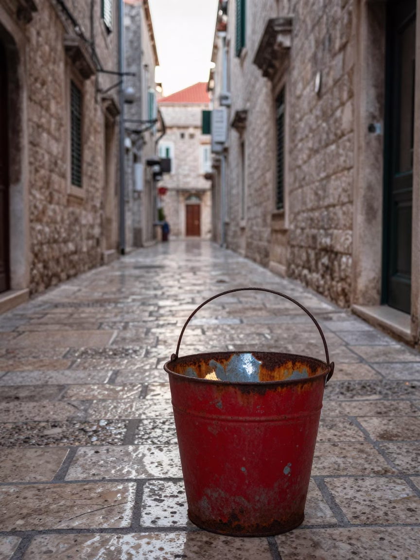 Early Morning Dubrovnik Stone Alley with Rusty Metal Bucket and Local Market Activity in in Dubrovnik, Croatia