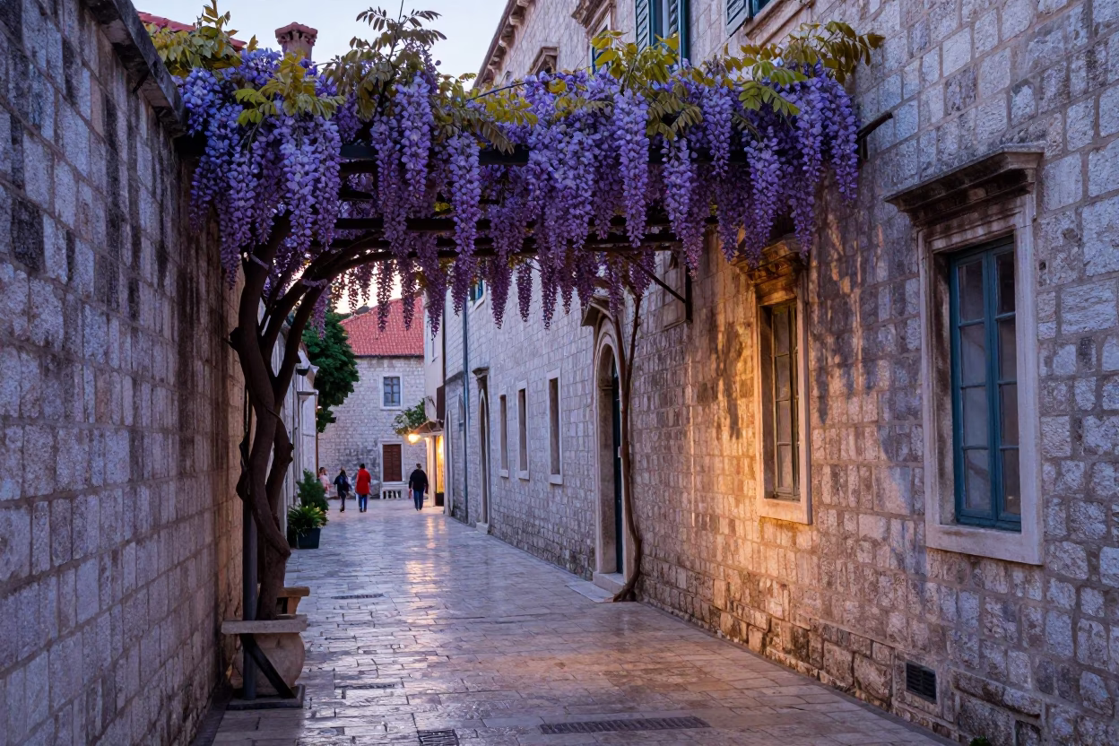 Early Morning Dubrovnik Stone Alley with Wisteria and Morning Light in in Dubrovnik, Croatia