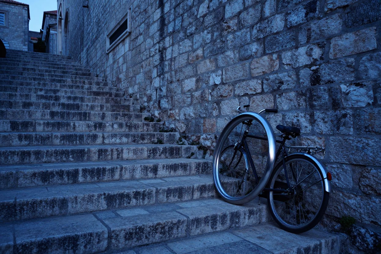 Early Morning Dubrovnik Stone Steps with Brushed Steel Rim and Salt Shaker Before Sunrise in in Dubrovnik, Croatia