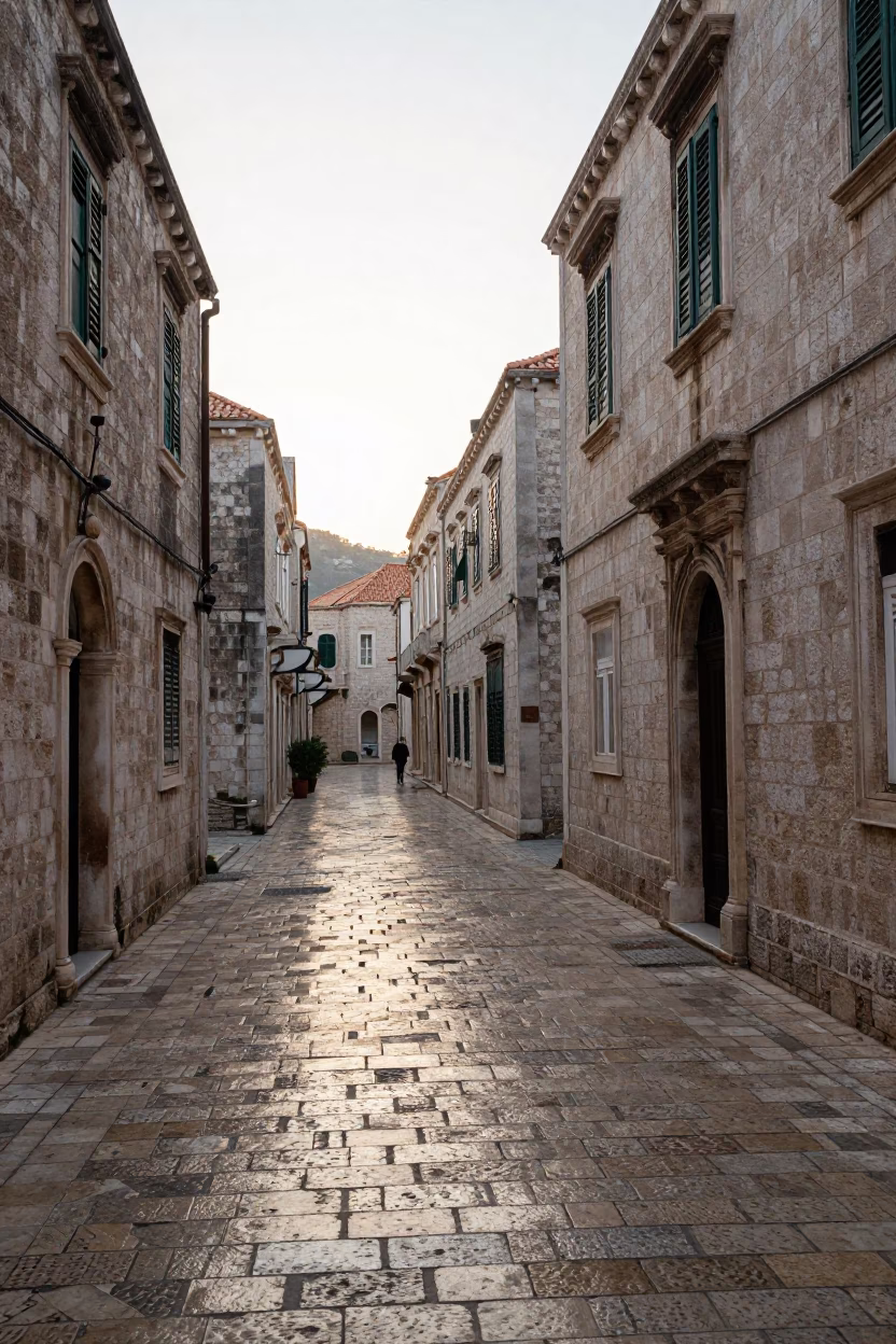 Early Morning Dubrovnik Stone Streets and Traditional Craftsmanship in in Dubrovnik, Croatia