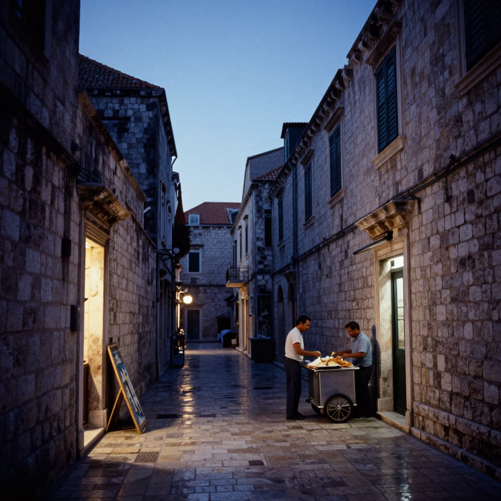 Early Morning Dubrovnik Street Scene Before Dawn with Vintage Radio and Espresso in in Dubrovnik, Croatia