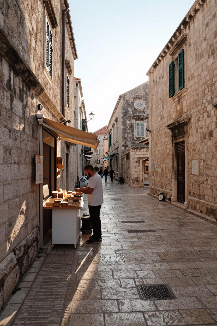 Early Morning Dubrovnik Street Scene with Alarm Clock and Bread Basket in in Dubrovnik, Croatia