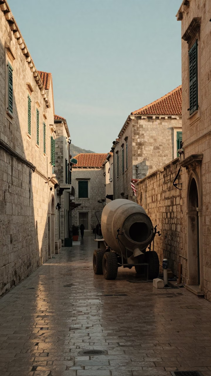 Early Morning Dubrovnik Street Scene with Cement Mixer and Construction Activity in in Dubrovnik, Croatia