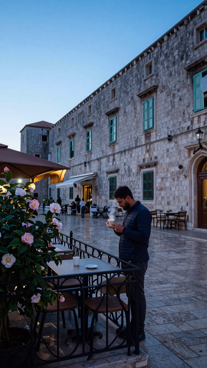 Early Morning Dubrovnik Street Scene with Espresso and Camellia in in Dubrovnik, Croatia