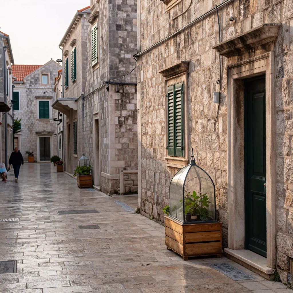 Early Morning Dubrovnik Street Scene with Garden Cloche and Paint Flecks in in Dubrovnik, Croatia