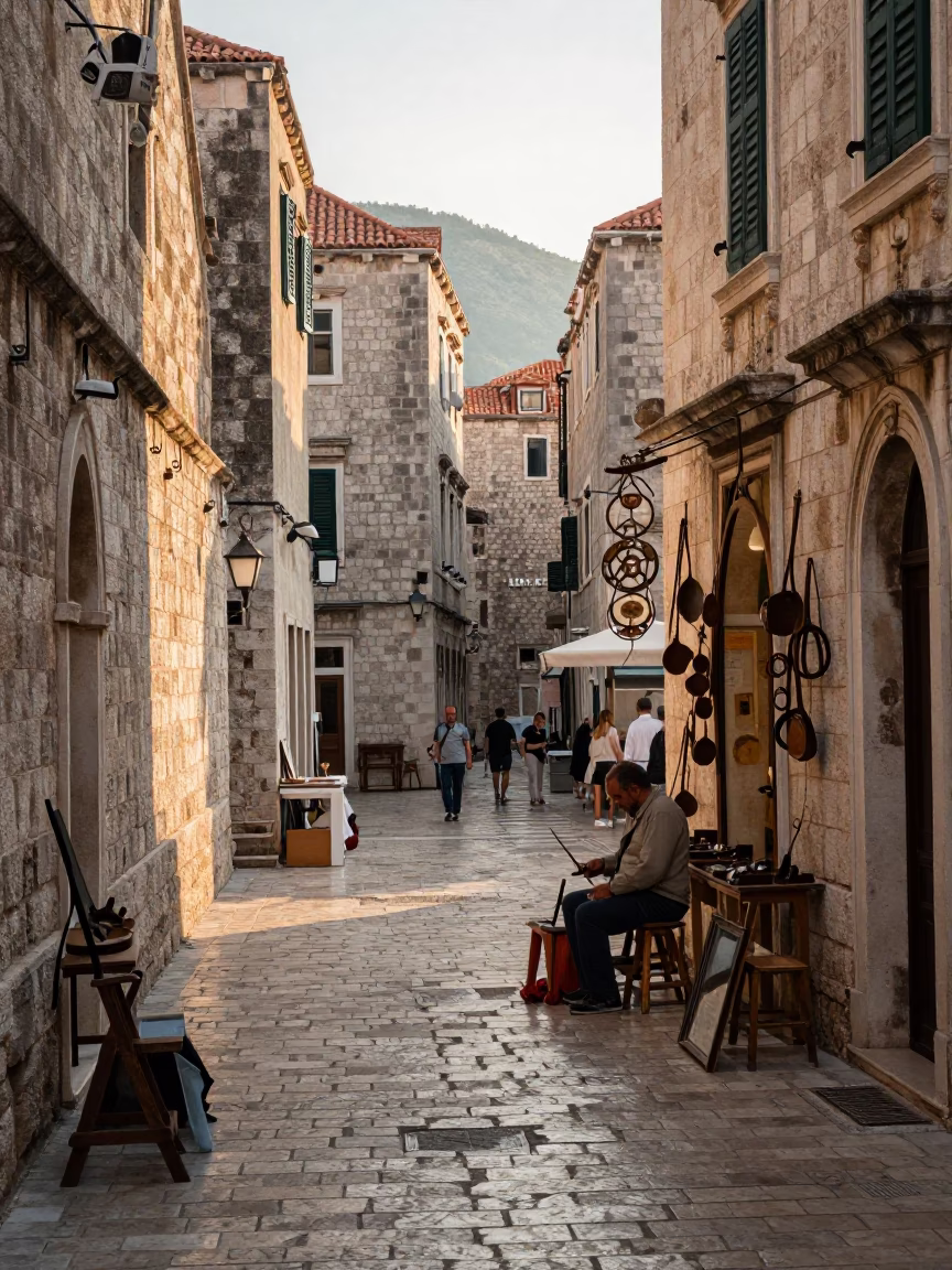 Early Morning Dubrovnik Street Scene with Local Artisan Tools and Traditional Elements in in Dubrovnik, Croatia