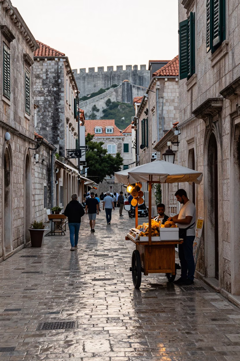 Early Morning Dubrovnik Street Scene with Local Bakery Display in in Dubrovnik, Croatia