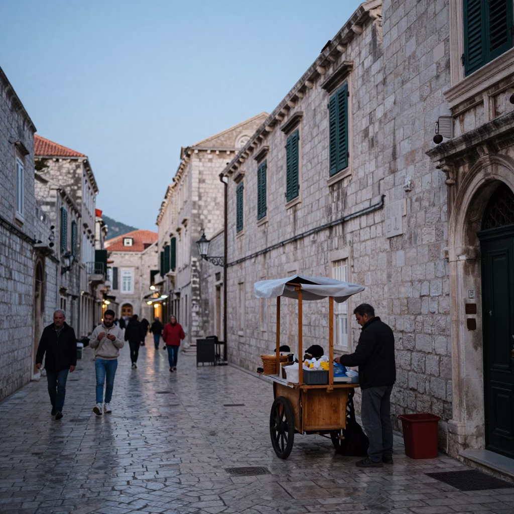 Early Morning Dubrovnik Street Scene with Local Vendor and Ceramic Bowl in in Dubrovnik, Croatia