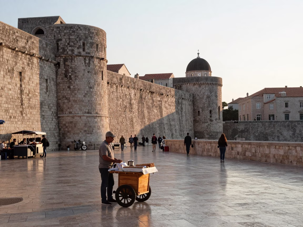 Early Morning Dubrovnik Street Scene with Local Vendor and Glass Jar in in Dubrovnik, Croatia