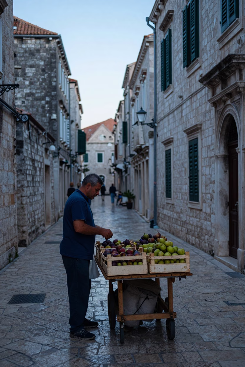 Early Morning Dubrovnik Street Scene with Local Vendor and Stone Walls in in Dubrovnik, Croatia