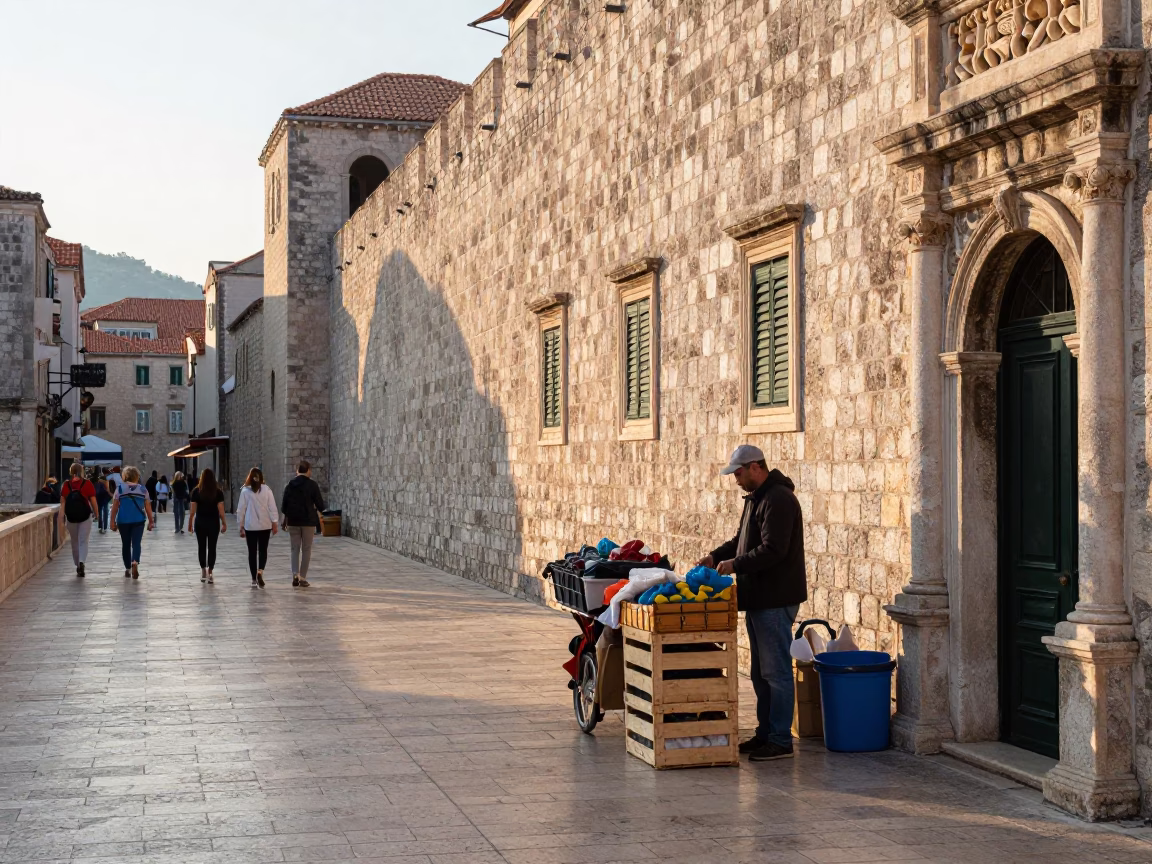 Early Morning Dubrovnik Street Scene with Local Vendor Selling Fresh Olives in in Dubrovnik, Croatia