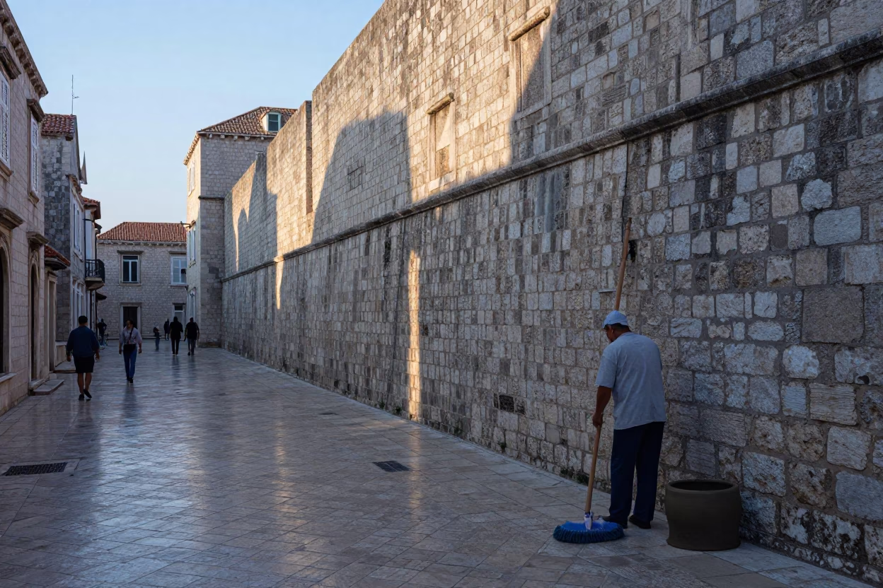 Early Morning Dubrovnik Street Scene with Mops and Clay Pots in in Dubrovnik, Croatia