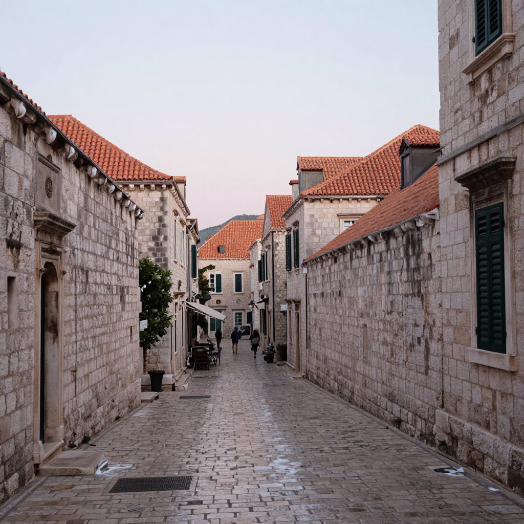 Early Morning Dubrovnik Street Scene with Soap Residue on Stone Bench in in Dubrovnik, Croatia