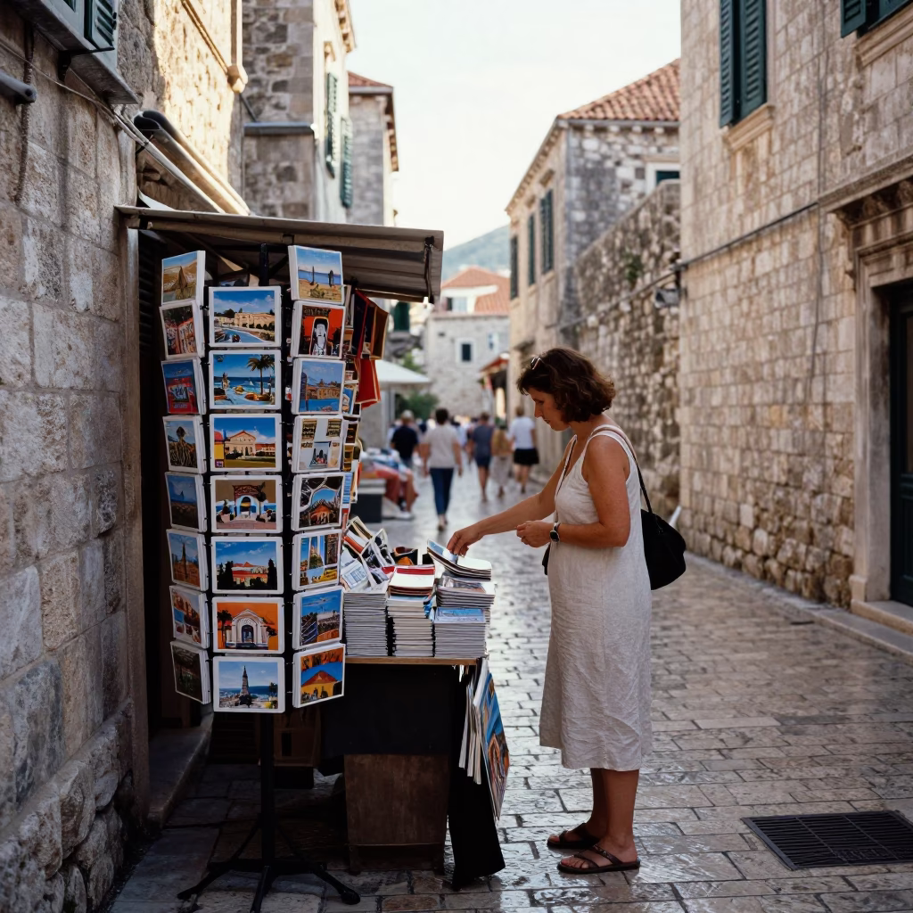 Early Morning Dubrovnik Street Scene with Tourist Postcards and Local Market Activity in in Dubrovnik, Croatia